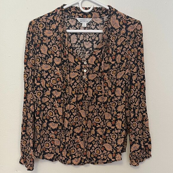 Market & Spruce Blouse Long Sleeve Blue with Orange Pattern Size L - Picture 1 of 4